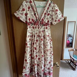 Red Midi Sundress with Puff Sleeves and Plunge Neckline